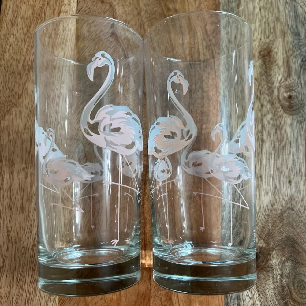 Vintage (2) Pink Flamingo Highball Cocktail Party Glasses 6 1/4” tall - Picture 2 of 5